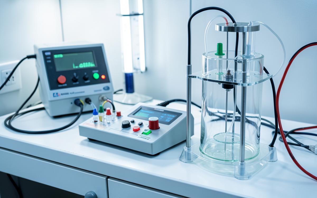 Potentiostat and coupon cell on an electrochemistry bench